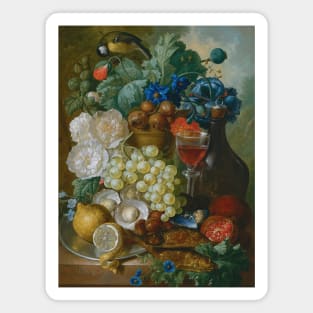 Still Life With Fruit And Flowers, Together With Oysters, Mussels, A Glass Of Wine, A Decanter And Other Objects On A Stone Ledge by Jan van Os Magnet